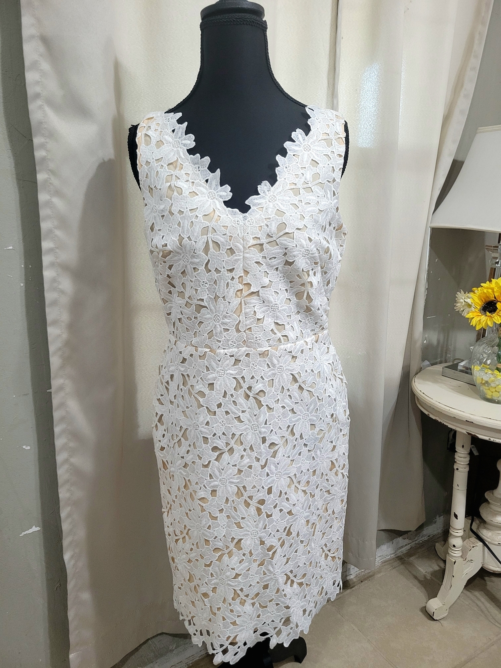 LOFT White Floral Lace V-Neck Midi Dress